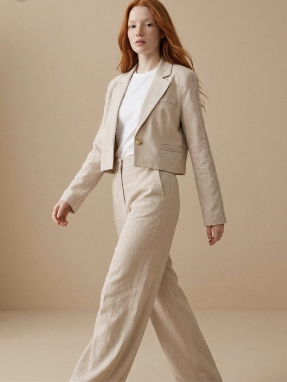 Jason Wu Linen-Blend Cropped Blazer Jacket & Wide Leg Pant Set In Cream
